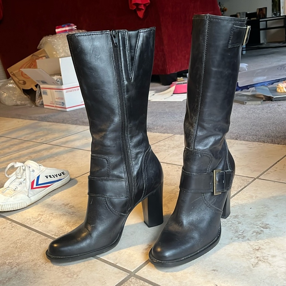 Black high calf leather heeled boots